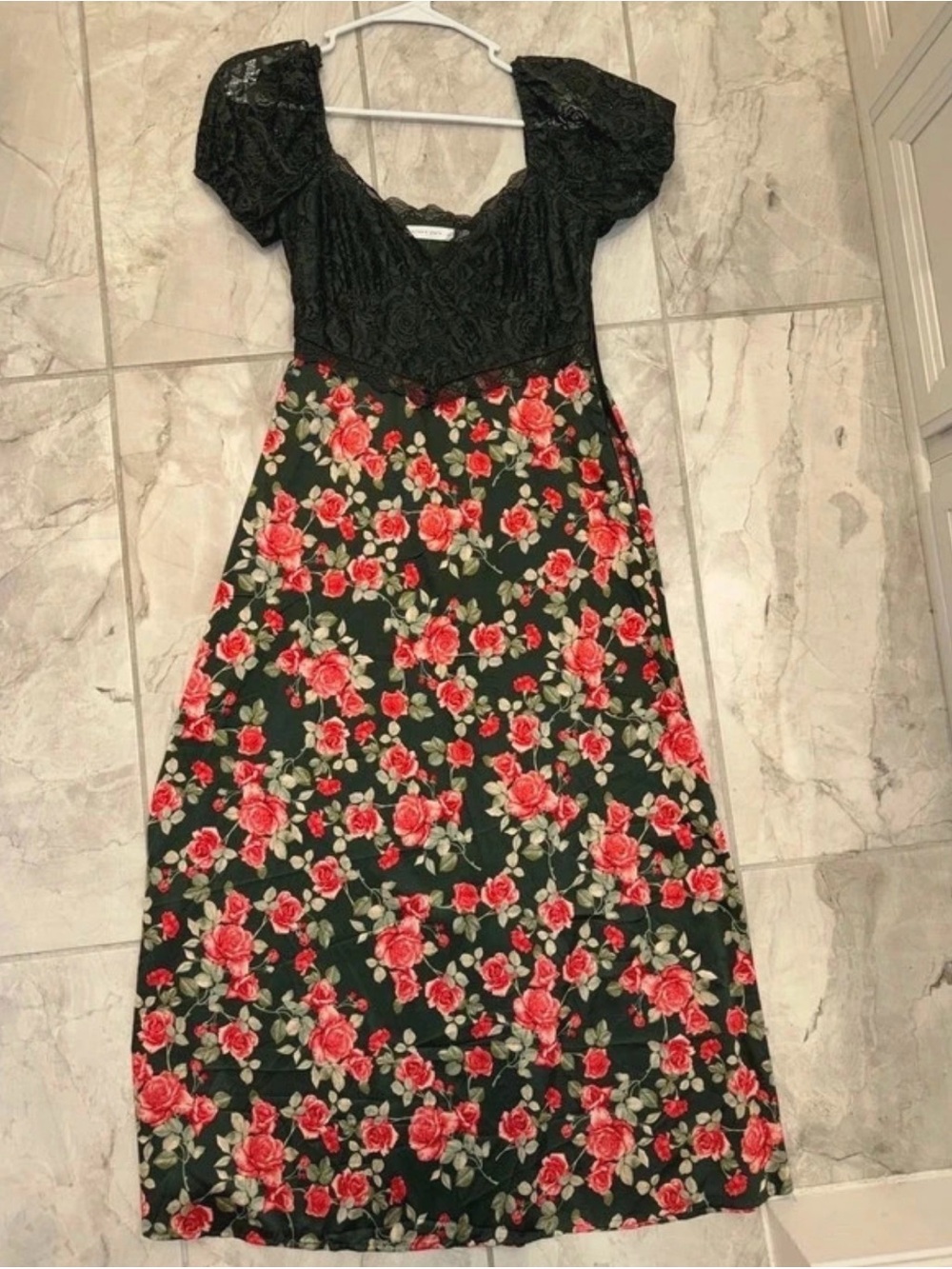 Altar'd State Black Lace Bodice Floral Maxi Dress with Red Rose Print